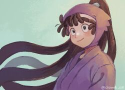  1boy aqua_background black_undershirt brown_eyes brown_hair chaimilk_619 closed_mouth high_ponytail japanese_clothes light_blush long_hair male_focus ninja ohama_kan'emon ponytail purple_hood purple_shirt rakudai_ninja_rantarou shirt smile solo thick_eyebrows twitter_username very_long_hair 