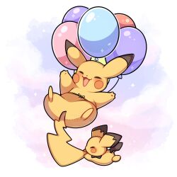  absurdres animal_focus balloon blush closed_eyes closed_mouth clouds floating flying flying_pikachu full_body highres no_humans open_mouth pichu pikachu pokemon pokemon_(creature) pokemon_focus sevi_(seviyummy) sky smile tail 