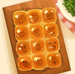  &gt;:) :/ :d :t :| absurdres bread_bun character-themed_food closed_mouth commentary cutting_board english_commentary food_focus from_above garnish highres himochuu multiple_expressions no_humans painterly roblox smile smirk v-shaped_eyebrows 