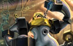  arm_up cable crane_(machine) evolutionary_line hook indoors industrial_pipe lens_flare light_particles melmetal meltan metal_skin one-eyed pokemon pokemon_(creature) pokemon_focus pokemon_tcg screw second-party_source shouta_iwamoto valve 
