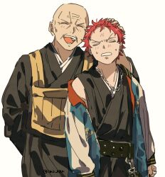  2boys :d arm_behind_back arms_at_sides bald belt black_belt black_kimono blue_jacket blush chain chain_necklace cheekbones closed_eyes ear_piercing earrings embarrassed facing_viewer father_and_son forehead_blush furrowed_brow grin harai_kuko harai_shakku headpat highres hypnosis_mic jacket japanese_clothes jewelry juban kesa kimono male_focus mature_eyes monk multiple_boys multiple_piercings necklace non_(im2_non) off_shoulder old old_man open_clothes open_jacket open_mouth peanut_mouth piercing plug_(piercing) red_hair short_hair silver_necklace simple_background sleeveless sleeveless_kimono smile studded_belt sukajan sweatdrop twitter_username two-sided_fabric two-sided_jacket upper_body v-shaped_eyebrows very_short_hair white_background white_jacket wrinkled_skin 