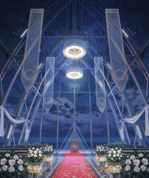  architecture banner black_surge_night bouquet chinese_commentary clouds flower glass_ceiling glass_wall hanging_light highres indoors lectern mangshuo night night_sky no_humans ocean official_art petals pew red_carpet rose scenery sky stanchion star_(sky) starry_sky white_flower white_rose 
