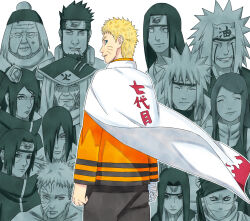  3girls 6+boys akatsuki_uniform bandaged_hand bandages beard black_pants blonde_hair blue_eyes boruto:_naruto_next_generations chiyo_(naruto) cigarette closed_mouth covered_mouth english_commentary facial_hair facial_mark forehead_protector goatee hair_ornament hair_over_one_eye hairclip haku_(naruto) highres hyuuga_neji jiraiya_(naruto) kirigakure_symbol konan_(naruto) konohagakure_symbol long_hair long_sleeves momochi_zabuza multiple_boys multiple_girls nagato_(naruto) namikaze_minato nanxdaime naruto_(classic) naruto_(series) naruto_shippuuden old old_man old_woman open_mouth orange_shirt pants rinnegan sarutobi_asuma sarutobi_hiruzen shirt short_hair smile solo_focus spiky_hair uchiha_itachi uchiha_obito unlit_cigarette_in_mouth uzumaki_kushina uzumaki_naruto whisker_markings wrinkled_skin 