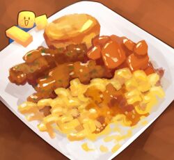  :d absurdres chicken_(food) commentary english_commentary food food_focus from_above highres himochuu looking_at_viewer macaroni_and_cheese_(food) mini_person painterly plate roblox smile sweet_potato 