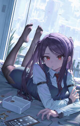  1girl absurdres ashtray bed_sheet black_pantyhose cigarette city commentary earphones highres indoors jill_stingray long_hair looking_at_viewer lying necktie on_bed on_stomach pantyhose pencil_skirt phone purple_hair red_eyes red_necktie shirt skirt skirt_set soles solo swept_bangs twintails va-11_hall-a white_shirt xzu 