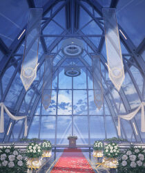  architecture banner black_surge_night bouquet chinese_commentary clouds day flower glass_ceiling glass_wall hanging_light highres indoors lectern mangshuo no_humans ocean official_art petals pew red_carpet rose scenery stanchion white_flower white_rose 