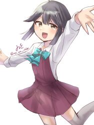  1girl aqua_bow aqua_bowtie black_hair bow bowtie collared_shirt dress dress_shirt grey_thighhighs halter_dress halterneck hayanami_(kancolle) highres kantai_collection looking_at_viewer one-hour_drawing_challenge pleated_dress purple_dress seamed_legwear shirt short_hair side-seamed_legwear sidelocks simple_background smile solo thigh-highs white_background white_shirt wiwo 