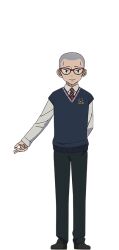  1boy anime_coloring ao_no_exorcist arm_behind_back blue_sweater_vest closed_mouth collared_shirt dress_shoes full_body glasses green_pants grey_shoes long_sleeves looking_at_viewer miwa_konekomaru necktie official_art oohigashi_yurie open_hand outstretched_arm pants red-framed_eyewear shaved_head shirt shoes short_eyebrows simple_background smile solo standing striped_necktie sweater_vest transparent_background white_shirt 