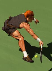  1boy absurdres alternate_costume ball beil3 black_shorts commentary english_commentary full_body haikyuu!! highres hinata_shouyou male_focus nike_(company) orange_eyes orange_hair racket shadow shiny_skin shorts sleeveless solo sportswear tennis tennis_ball tennis_racket tennis_uniform thighs toned toned_male 