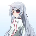  1girl blush eyepatch infinite_stratos laura_bodewig long_hair looking_at_viewer looking_back military military_uniform red_eyes silver_hair solo spiceg uniform 