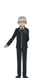  1boy anime_coloring ao_no_exorcist arm_behind_head brown_eyes closed_mouth collared_shirt dress_shoes full_body glasses green_jacket green_pants jacket long_sleeves looking_at_viewer miwa_konekomaru necktie official_art oohigashi_yurie open_hand outstretched_arm pants red-framed_eyewear school_uniform shaved_head shirt short_eyebrows simple_background smile solo standing striped_necktie transparent_background white_shirt 