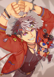  1boy anger_vein arms_up belt black_shirt bracelet chain chain_bracelet clothed_creature cowboy_shot creature crimzon_ruze double_thumbs_down drawstring earrings eyewear_on_head fangs flask from_above grey_hair grin hair_ornament hairclip heart heart_hands highres holostars holostars_english hood hooded_jacket hoodie jacket jewelry male_focus multicolored_hair multiple_bracelets mushroom necklace nururu one_eye_closed pants patch pointy_ears red_hoodie ring round-bottom_flask ruzader_(crimzon_ruze) shirt shoes short_hair sign smile sunglasses teeth thumbs_down thumbs_down_heart_hands two-tone_hair violet_eyes virtual_youtuber warning_sign 