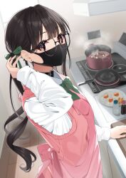  1girl apron black_choker black_hair black_mask boiling borumete brown_eyes choker cooking cooking_pot double-parted_bangs ear_ornament earrings egg fried_egg frying_pan green_ribbon hand_on_table highres indoors jewelry kitchen light_rays long_hair long_sleeves looking_at_viewer low_twintails mask mouth_mask original pink_apron pink_sweater_vest ribbon salt_shaker shirt solo soy_sauce stove stud_earrings sunlight sweater_vest twintails white_shirt 