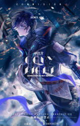  1boy adjusting_hood arm_at_side black_jacket black_pants black_shirt blue_hair building chinese_commentary clarence_clayden clarence_clayden_(awakening) closed_mouth clouds commission cowboy_shot from_side hair_between_eyes hair_ornament hand_up highres hood hood_down hooded_jacket jacket long_sleeves looking_up lovebrush_chronicles male_focus mechanical_arms mole mole_under_eye multicolored_jacket pants profile purple_ribbon ribbon safety_glasses science_fiction see-through_clothes see-through_jacket shirt short_hair sinko123 skyscraper solo standing turtleneck turtleneck_shirt two-tone_jacket watermark white_jacket 