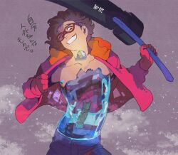  1boy absurdres android bakushi_(smys2017) brown_hair commentary_request cowboy_shot gloves grin hammer highres holding holding_hammer jacket looking_at_viewer male_focus mechanical_spine original pink_eyes pink_gloves pink_jacket purple_background see-through_body short_hair smile solo translation_request 