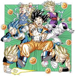  6+boys black_hair black_vest blonde_hair blue_bodysuit blue_eyes blue_hair blue_pants blue_sash blue_shirt blue_tunic bodysuit border colored_skin dougi dragon_ball dragon_ball_(object) dragon_ball_gt dragon_ball_super dragon_ball_z electricity final_form_frieza forest_1988 frieza gloves gogeta green_background green_eyes group_picture halo highres kamehameha_(dragon_ball) medium_hair metamoran_vest multiple_boys orange_pants orange_shirt pants purple_pants purple_shirt red_sash saiyan_armor sash shirt simple_background son_gohan son_goku spiky_hair super_saiyan super_saiyan_1 super_saiyan_2 super_saiyan_3 tunic vegeta vegetto vest white_border white_gloves white_skin 