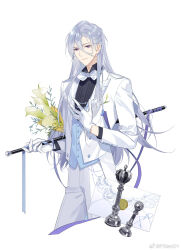  1boy black_shirt blue_vest bouquet bow bowtie cael_anselm calla_lily cane carrying carrying_under_arm chess_piece chinese_commentary closed_mouth cropped_legs earrings envelope flower gloves grey_hair hair_behind_ear hair_between_eyes hand_on_own_chest highres holding holding_bouquet holding_cane jacket jewelry letter long_hair long_hair_between_eyes long_sleeves looking_at_viewer lovebrush_chronicles male_focus pants psd_(psdgai) purple_ribbon ribbon shirt side_part simple_background smile solo standing suit sweater_guard tailcoat very_long_hair vest violet_eyes wallet_chain watermark wax_seal weibo_watermark white_background white_bow white_bowtie white_gloves white_jacket white_pants white_suit 