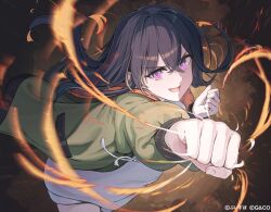  1girl black_hair copyright_name green_jacket highres ichinose_uruha ichinose_uruha_(2nd_costume) jacket long_hair long_sleeves looking_at_viewer mikisai official_art open_clothes open_jacket open_mouth punching shirt solo violet_eyes virtual_youtuber vspo! white_shirt 