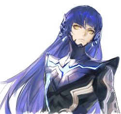  1boy androgynous armor black_bodysuit blue_armor blue_hair blunt_bangs bodysuit chin_guard chinese_commentary closed_mouth commentary_request cropped_torso de678997 expressionless highres long_hair looking_to_the_side male_focus protagonist_(smtv) ringed_eyes shin_megami_tensei shin_megami_tensei_v simple_background solo upper_body very_long_hair white_background yellow_eyes 