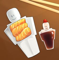  absurdres character-themed_food commentary english_commentary fish_(food) food food_focus highres himochuu kikkoman no_humans painterly roblox sashimi smile soy_sauce_bottle 