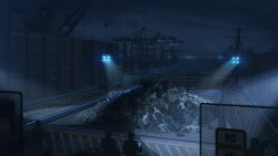  3others black_surge_night broken chain-link_fence chinese_commentary crane_(machine) crate fence floodlights helmet highres holding holding_tablet_pc humanoid_robot machinery mangshuo multiple_others night official_art outdoors pile pile_of_trash port railing river robot scenery ship tablet_pc watercraft 
