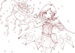  1girl ;) ace_attorney antenna_hair apollo_justice:_ace_attorney belt belt_pouch brooch brown_theme cape closed_mouth commentary_request confetti cowboy_shot crystal dress earrings floating_hair flower gloves hands_up hat hatching_(texture) heart_pouch holding holding_unworn_clothes holding_unworn_hat holding_wand jewelry linear_hatching looking_at_viewer magician medium_hair monochrome one_eye_closed parted_bangs pouch rabbit sakaki_soshi scarf short_dress simple_background sleeveless sleeveless_dress smile solo standing streamers top_hat trucy_wright unworn_hat unworn_headwear wand white_background 