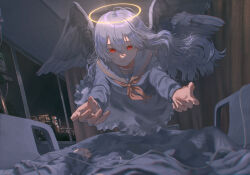  1girl 1other absurdres angel bed ceiling closed_mouth commentary_request feathered_wings floating_hair flying glowing glowing_halo grey_hair grey_serafuku grey_skirt grey_wings hair_between_eyes halo highres hospital hospital_bed implied_death indoors intravenous_drip kyano_(kyanora3141) light_smile long_bangs long_hair long_sleeves looking_at_viewer neckerchief night original out_of_frame outstretched_arms pov reaching reaching_towards_viewer red_neckerchief school_uniform serafuku skirt solo_focus tile_ceiling tiles traditional_halo wavy_hair window wings 