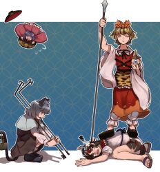  4girls absurdres animal_ears animal_print arrow_print bandaid bandaid_on_head basket bishamonten&#039;s_pagoda bishamonten&#039;s_spear black_hair black_ribbon black_shoes black_streaks blonde_hair blue_background brown_sandals capelet closed_eyes commentary_request crossed_bandaids dowsing_rod dress flying flying_sweatdrops grey_capelet grey_dress grey_hair hat headdress highres holding holding_with_tail in_bowl in_container japanese_clothes kijin_seija kimono long_sleeves looking_at_another medium_hair mini_person minigirl mouse_ears mouse_girl mouse_tail multiple_girls nanaironokabi nazrin neck o-ring on_ground open_mouth orange_hat pants prehensile_tail profile purple_hair red_kimono red_skirt red_streaks red_vest ribbon sandals saucer shadow shirt shoes short_hair short_sleeves skirt small_horns smile socks squatting squiggle standing_on_person sukuna_shinmyoumaru surprised sweatdrop tail tiger_print toramaru_shou touhou vest white_dress white_pants white_shirt white_socks white_streaks 