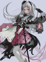  1girl absurdres arknights arms_behind_head black_gloves black_jacket capelet closed_eyes commentary cross_scar enne_kl feet_out_of_frame front-seamed_legwear gloves grey_background grey_eyes grey_hair gun handgun head_wings highres holding holding_lantern jacket lantern light_frown long_hair long_sleeves multicolored_skirt pantyhose pink_hair pink_skirt puffy_long_sleeves puffy_sleeves scar scar_across_eye scar_on_face seamed_legwear sheath sheathed shoulder_strap skirt solo sword weapon white_capelet white_pantyhose white_skirt white_sleeve_cuffs wings 