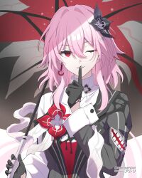  1girl absurdres adapted_costume asiri_senpai asymmetrical_clothes asymmetrical_dress black_dress black_flower black_gloves black_umbrella breasts commentary dress earrings evernight_(honkai:_star_rail) finger_to_mouth flower gloves hair_between_eyes hair_flower hair_ornament hairclip hand_up highres holding holding_umbrella honkai:_star_rail honkai_(series) jewelry long_hair long_sleeves looking_at_viewer march_7th_(honkai:_star_rail) one_eye_closed parallel_hairclips parted_lips pink_hair red_eyes shirt shushing single_earring small_breasts smile solo turtleneck turtleneck_shirt twitter_username umbrella upper_body white_shirt 