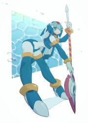  1girl armor bent_over blue_eyes fairy_leviathan_(mega_man) forehead_jewel full_body helmet highres holding holding_polearm holding_weapon lemon_inu mega_man_(series) mega_man_zero_(series) polearm red_armor red_helmet simple_background solo spear weapon white_background 