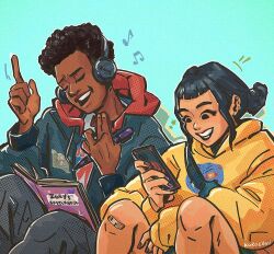  1boy 1girl aqua_background artist_name bandaid bandaid_on_knee bandaid_on_leg black_hair closed_eyes commentary_request dark-skinned_male dark_skin double_bun english_commentary freckles hair_bun headphones holding holding_pen holding_phone hood hoodie kpop_demon_hunters kurocavi marvel miles_morales musical_note pen phone red_hoodie sidelocks sitting smile spider-man:_into_the_spider-verse spider-man_(series) spider-verse zoey_(kpop_demon_hunters) 