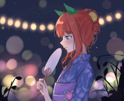 1girl animal_ears blue_kimono blunt_bangs blush closed_mouth ear_covers floral_print floral_print_kimono flower from_side hair_bun hair_flower hair_ornament hand_fan highres holding holding_fan horse_ears horse_girl japanese_clothes kimchi_(user_mpzz8457) kimono long_hair obi print_kimono purple_sash sash silence_suzuka_(umamusume) skdelocks smile solo umamusume yellow_flower 