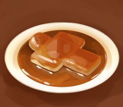  absurdres brown_theme character-themed_food commentary dessert english_commentary food highres himochuu no_humans painterly plate pudding roblox smile 