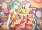  1girl aqua_hair dress green_eyes hat layered_dress lying monogatari_(series) naro0427 on_side ononoki_yotsugi pantyhose pillow puffy_sleeves short_hair solo star striped striped_legwear stuffed_toy tsukimonogatari twintails 