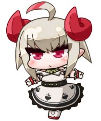  1girl ahoge bare_shoulders belt black_undershirt blush bracelet chibi chibi_only cross cross_print curled_horns demon_horns dress dyed_ahoge frilled_dress frills full_body gloves grey_hair hair_between_eyes heart heart_print horns ikuwiron jewelry long_dress makaino_ririmu makaino_ririmu_(1st_costume) multicolored_hair nijisanji off-shoulder_dress off_shoulder pixie_cut pointy_ears puckered_lips red_eyes red_hair red_horns red_shoes shirt_under_dress shoes short_hair sidelocks solo standing standing_on_one_leg streaked_hair transparent_background v-shaped_eyebrows virtual_youtuber walking white_dress white_gloves white_shoes 