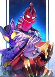  3boys absurdres armor bodysuit compound_eyes dorsal_fin full_body glowing glowing_eyes gozyuwolf helmet highres juunishi_aya kamen_rider kamen_rider_gavv kamen_rider_gavv_(series) male_focus multiple_boys no.1_sentai_gozyuger popping_gummy purple_armor red_armor red_helmet rider_belt super_sentai tokusatsu ultra_series ultraman_omega ultraman_omega_(series) yellow_eyes 