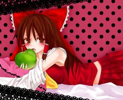  1girl apple ascot bad_apple!! bow detached_sleeves food frilled_bow frilled_hair_tubes frills fruit hair_bow hair_ornament hair_tubes haiyun hakurei_reimu highres looking_at_viewer original parody red_bow red_skirt ribbon-trimmed_sleeves ribbon_trim romeo_to_cinderella_(vocaloid) skirt skirt_set solo touhou yellow_ascot 