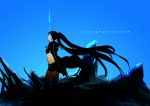  bangs belt bikini_top black_hair black_rock_shooter black_rock_shooter_(character) blue blue_eyes coat flat_chest front-tie_top gloves glowing glowing_eyes highres hood hooded_jacket jacket long_hair midriff pale_skin short_shorts shorts solo star twintails uneven_twintails very_long_hair wind 
