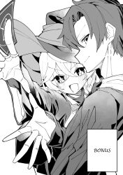  1boy 1girl :d absurdres ahti blue_archive blue_archive_the_animation bow bowtie braid braided_sidelock business_casual buttons collared_shirt commentary_request earrings english_text eri_(blue_archive) greyscale hair_between_eyes halo hat highres jacket jewelry long_hair long_sleeves low_ponytail monochrome necktie open_clothes open_jacket pleated_skirt ponytail ring school_uniform sensei_(blue_archive) sensei_(blue_archive_the_animation) shirt sidelocks single_braid skirt smile turtleneck turtleneck_shirt witch_hat 