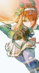  1girl absurdres black_gloves blunt_bangs collared_shirt floating_hair gloves green_eyes hairband hashtag-only_commentary highres long_hair looking_at_viewer orange_hair pantyhose pleated_skirt shirt sidelocks silence_suzuka_(umamusume) simple_background skirt solo standing standing_on_one_leg umamusume white_background white_hairband white_shirt white_skirt woxinruhuo 