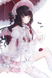  1girl bat_(animal) bat_wings black_hair closed_mouth colored_inner_hair detached_sleeves dress drill_hair flower heterochromia highres holding holding_umbrella idolmaster idolmaster_shiny_colors idolmaster_shiny_colors_song_for_prism ikaruga_luca long_hair looking_at_viewer multicolored_hair nail_polish official_alternate_costume puffy_detached_sleeves puffy_sleeves red_eyes red_flower red_nails red_rose red_streaks rose shirako_(srk_srtk) simple_background sitting solo streaked_hair two-tone_hair umbrella watermark white_background white_dress wings yellow_eyes 