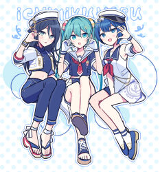  3girls blue_eyes blue_hair blue_pants blue_sandals blue_shirt blue_shoes blush commentary_request dress funade_no_mae_no_one_day_trip_(project_sekai) gloves hair_ornament hairclip hat hatsune_miku highres hoshino_ichika_(project_sekai) invisible_chair kiritani_haruka midriff more_more_jump!_miku multiple_girls neckerchief necktie official_alternate_costume open-toe_shoes pants peaked_cap project_sekai red_neckerchief red_necktie sailor_collar sailor_dress sailor_hat sailor_shirt sandals shirt shoes short_hair short_shorts shorts sitting socks twintails vocaloid waka_(wk4444) white_gloves white_sailor_collar white_socks 