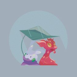  animal_focus colored_sclera full_body goomy grey_background hisashi999 leaf_umbrella mouth_hold no_humans pokemon pokemon_(creature) shielding_another_from_rain simple_background slugma solid_oval_eyes solo yellow_sclera 