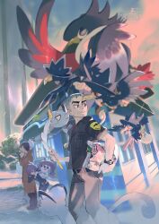  1girl 2boys alolan_meowth alolan_persian anabel_(pokemon) belt black_belt black_gloves black_jacket black_pants blurry brown_coat building cat_teaser closed_mouth coat e_volution gloves grey_hair highres honchkrow jacket looker_(pokemon) looking_back multiple_boys murkrow nanu_(pokemon) outdoors pants pokemon pokemon_on_back pokemon_sm red_eyes short_hair short_sleeves squatting suit watermark z-ring 