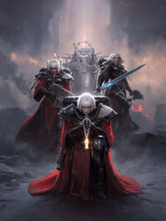  4girls adepta_sororitas armor bolter darren_tan fleur-de-lis fog gun highres holding holding_bolter holding_gun holding_sword holding_weapon looking_at_viewer medium_hair multiple_girls power_sword red_robe robe skull_pendant statue sword warhammer_40k weapon white_hair 