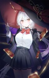  1girl artist_name black_hat black_jacket black_skirt blue_archive blush bow bowtie braid breasts card cheuni closed_mouth collared_shirt commentary crossed_bangs diagonal-striped_bow diagonal-striped_bowtie diagonal-striped_clothes eri_(blue_archive) floating_card gold_trim hair_between_eyes halo hand_on_headwear hand_up hat hat_ribbon highres jacket jewelry large_breasts light_particles long_sleeves looking_at_viewer multicolored_hair open_clothes open_jacket pleated_skirt purple_background red_bow red_bowtie red_ribbon red_streaks red_trim ribbon ring shirt shirt_tucked_in side_halo signature single_braid skirt sleeves_past_wrists smile solo standing streaked_hair striped_bow striped_bowtie striped_clothes thighs two-sided_fabric two-sided_headwear white_hair white_shirt witch witch_hat yellow_eyes yellow_halo 