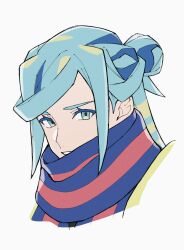  1boy androgynous blue_eyes blue_hair colored_eyelashes commentary commentary_request cropped_shoulders grusha_(pokemon) highres male_focus medium_hair mocollie multicolored_scarf parted_bangs parted_lips pokemon pokemon_sv scarf simple_background smile solo striped_clothes striped_scarf teeth white_background 