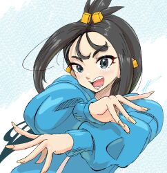  1girl arms_up black_hair blue_hoodie commentary eyelashes grey_eyes h_renah highres hood hoodie lida_(pokemon) looking_at_viewer open_mouth pokemon pokemon_legends:_z-a smile solo upper_body 