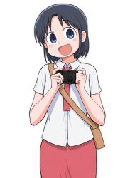 1girl absurdres black_hair blue_eyes blush brown_bag buttons camera city_(arawi_keiichi) collared_shirt digital_camera dokadayo highres holding holding_camera izumi_wako looking_at_viewer necktie open_mouth red_necktie red_skirt shirt short_hair short_sleeves simple_background skirt smile solo white_background white_shirt